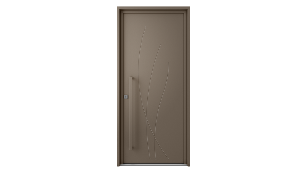 Porte d'entrée aluminium CRETE Porte d'entrée couleur taupe avec des lignes décoratives en inox et barre de tirage